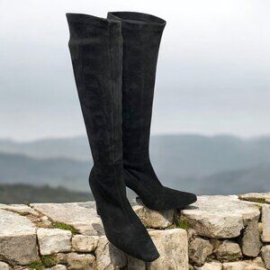 Bergdorf Goodman Black Suede Stretch Pull On Heeled Tall‎ Boots